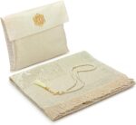 ihvan Online Muslim Prayer Rug and Beads with Portable Elegant Fabric Bag, Janamaz, Sajadah, Soft Islamic Prayers Rug, Islamic Gifts for Eid Ramadan, Travel Prayer Carpet Mat, Taffeta Fabric, Ecru