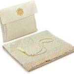 ihvan Online Muslim Prayer Rug and Beads with Portable Elegant Fabric Bag, Janamaz, Sajadah, Soft Islamic Prayers Rug, Islamic Gifts for Eid Ramadan, Travel Prayer Carpet Mat, Taffeta Fabric, Ecru