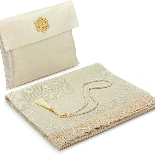 ihvan Online Muslim Prayer Rug and Beads with Portable Elegant Fabric Bag, Janamaz, Sajadah, Soft Islamic Prayers Rug, Islamic Gifts for Eid Ramadan, Travel Prayer Carpet Mat, Taffeta Fabric, Ecru