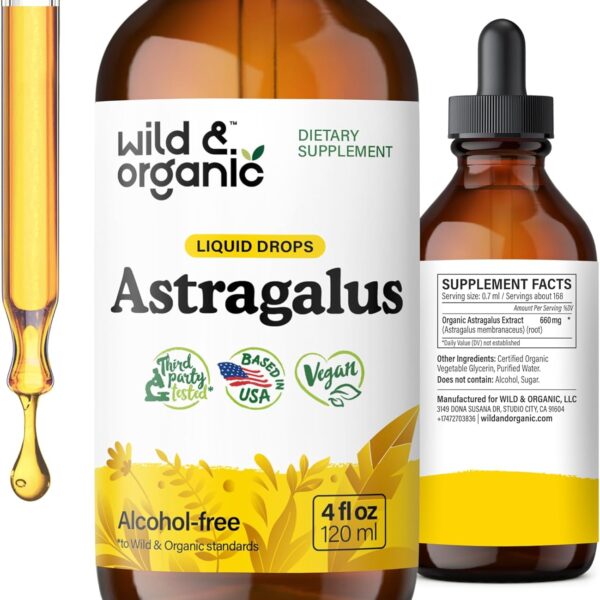 Wild & Organic Astragalus Tincture - Immune Support Supplement w/Astragalus Root Extract - Vegan Tincture for Immunity - Sugar & Alcohol-Free Drops - 4 fl oz