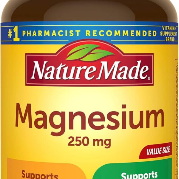 Nature Made Magnesium Oxide 250 mg, Magnesium Supplement for Muscle, Heart, Bone and Nerve Health Support, 200 Tablets, 200 Day Supply