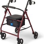 Medline Aluminum Rollator Walker with Seat, Burgundy, 250 lb. Weight Capacity, Lightweight, 6” Wheels, Foldable, Adjustable Handles, Rolling Walker for Seniors