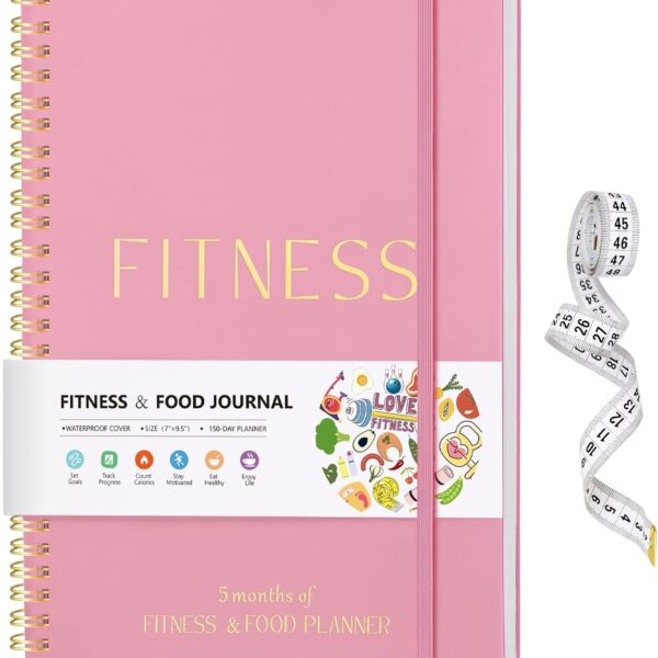 Fitness & Food Journal for Women, Undated 150-day Workout & Wellness Planner with Measuring Tape, Pink Weight Loss Journal for Setting Goals Tracking Exercise Training Diet Progress (9.5’’*7’’)