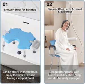 Shower Chair for Inside Shower - 550 lbs, Tool-Free Assembly, Adjustable Height, Padded Shower Stool, Removable Arms & Backrest, Shower Head Clip, Bath Seat for Elderly and Disabled (Blue) - Image 4