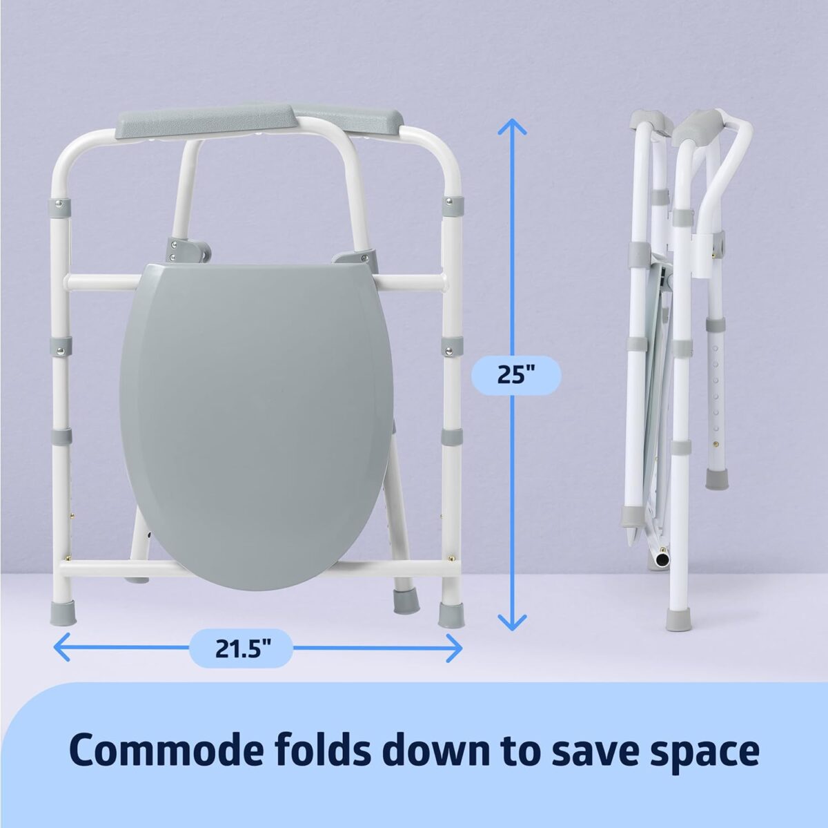 Medline 3-in-1 Steel Bedside Commode, Elongated Seat, Sturdy Folding Frame, 7.5 QT. Bucket, 350 lb. Weight Capacity, Clip-on Seat, Easy Cleaning, Tool-Free Assembly, Gray - Image 3