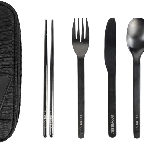 EcoVessel WANDERWARE Stainless Steel Utensils Set, Reusable Cutlery Set with Carry Case Camping Accessories, Travel Utensils With Case – 6 Pcs (Black Smoke)