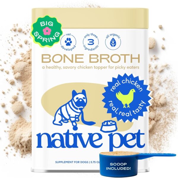 Native Pet Bone Broth for Dogs and Cats - Chicken Bone Broth Powder Dog Food Toppers for Picky Eaters - Provides Extra Nutrition for Joint Strength, Immune Support & Heart Health - 48 Scoops