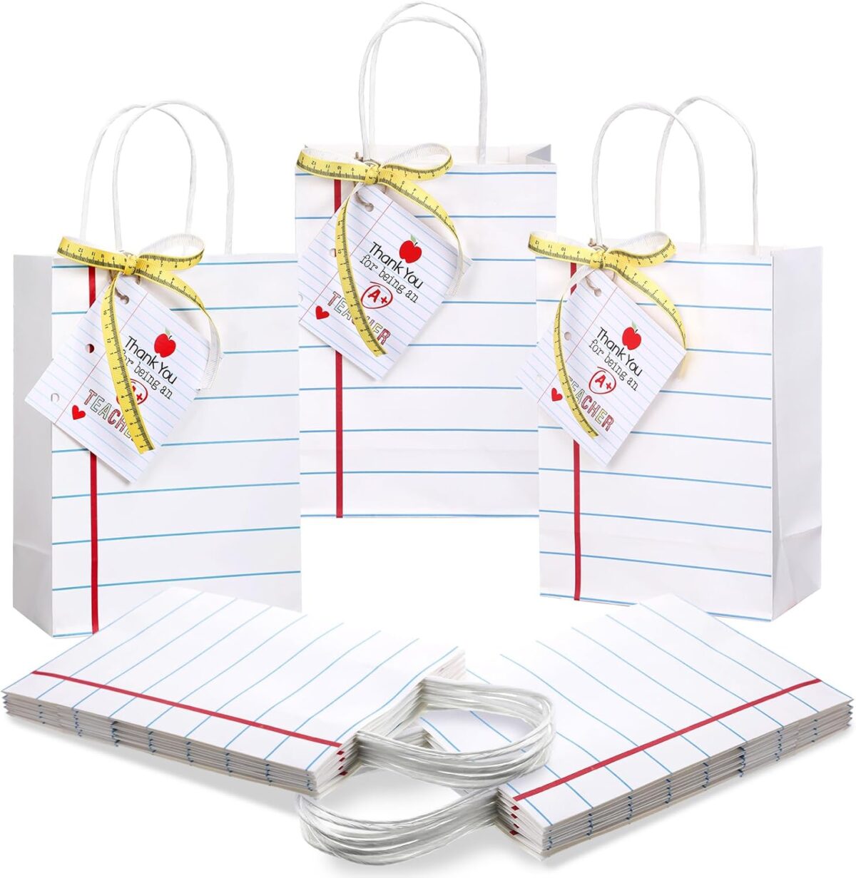 Gilprop 12 Pcs Teacher Appreciation Gift Bags with Paper Tag Thank You Teacher Gift Bags with Handle End of Year Teacher Gifts with Tape Measure Ribbon for Graduation Back to School Party Favors - Image 1