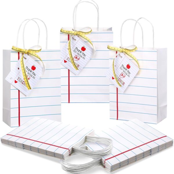 Gilprop 12 Pcs Teacher Appreciation Gift Bags with Paper Tag Thank You Teacher Gift Bags with Handle End of Year Teacher Gifts with Tape Measure Ribbon for Graduation Back to School Party Favors