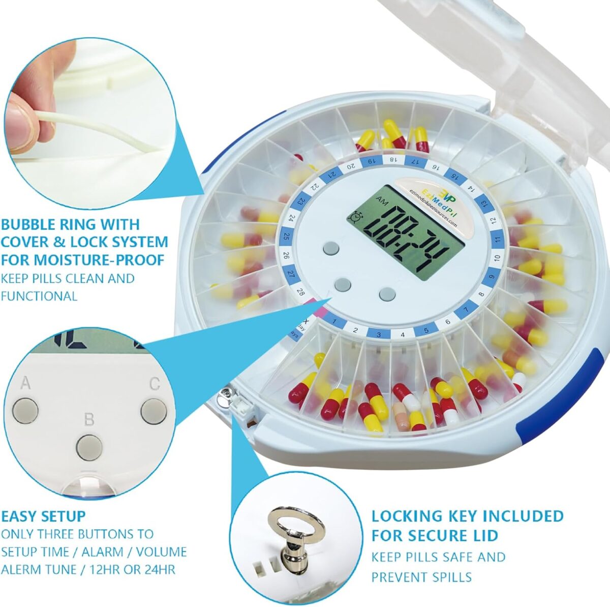 EziMedPil Automatic Pill Dispenser w/Audio & Visual Alerts, up to 6 Alarms/day, Easy-Read LCD Display, 6 Dosage Templates, Lock Medication Dispenser w/Key for Vitamins, Prescriptions & More, Clear Lid - Image 6