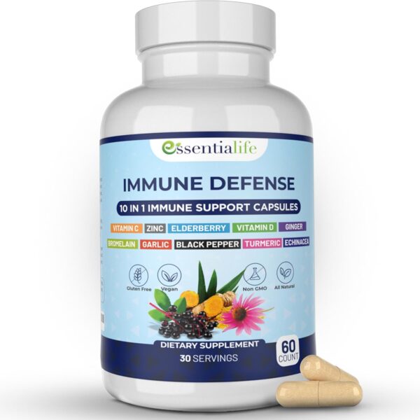 Immune Support Supplement 10 in 1 Elderberry, Echinacea, Vitamin D, Vitamin C 1000mg & Zinc Supplement - Take Charge of Your Health with Immune Booster for Adults - 60 Vitamins Capsules
