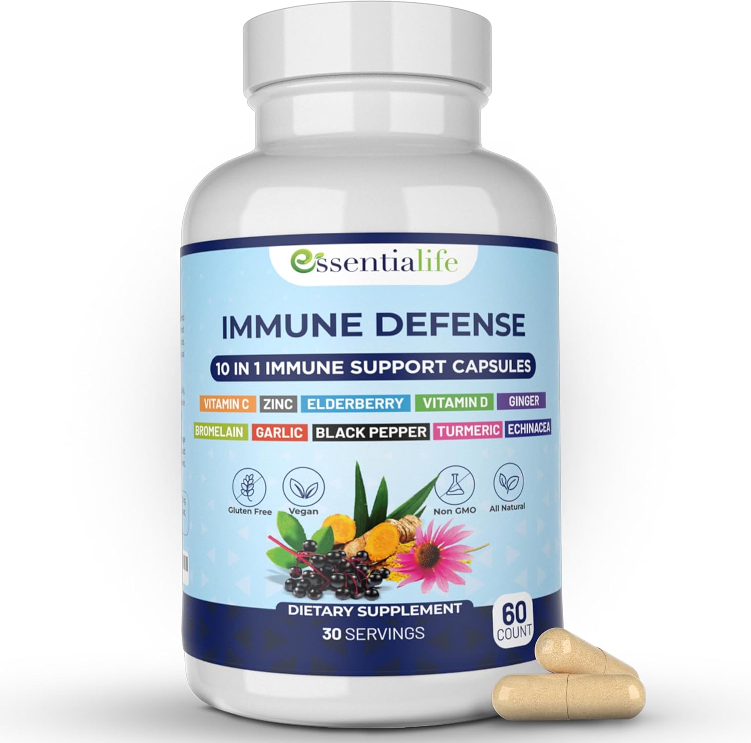 71CluG71G4L._AC_SL1500_.jpg Immune Support Supplement 10 in 1 Elderberry, Echinacea, Vitamin D, Vitamin C 1000mg & Zinc Supplement - Take Charge of Your Health with Immune Booster for Adults - 60 Vitamins Capsules - Image 1