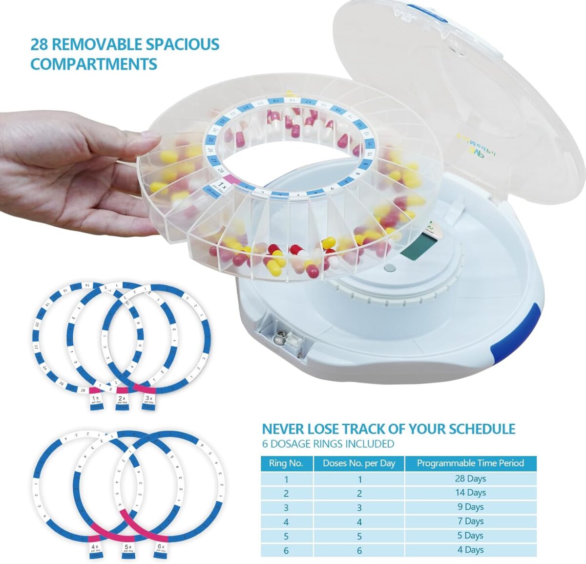 EziMedPil Automatic Pill Dispenser w/Audio & Visual Alerts, up to 6 Alarms/day, Easy-Read LCD Display, 6 Dosage Templates, Lock Medication Dispenser w/Key for Vitamins, Prescriptions & More, Clear Lid - Image 5