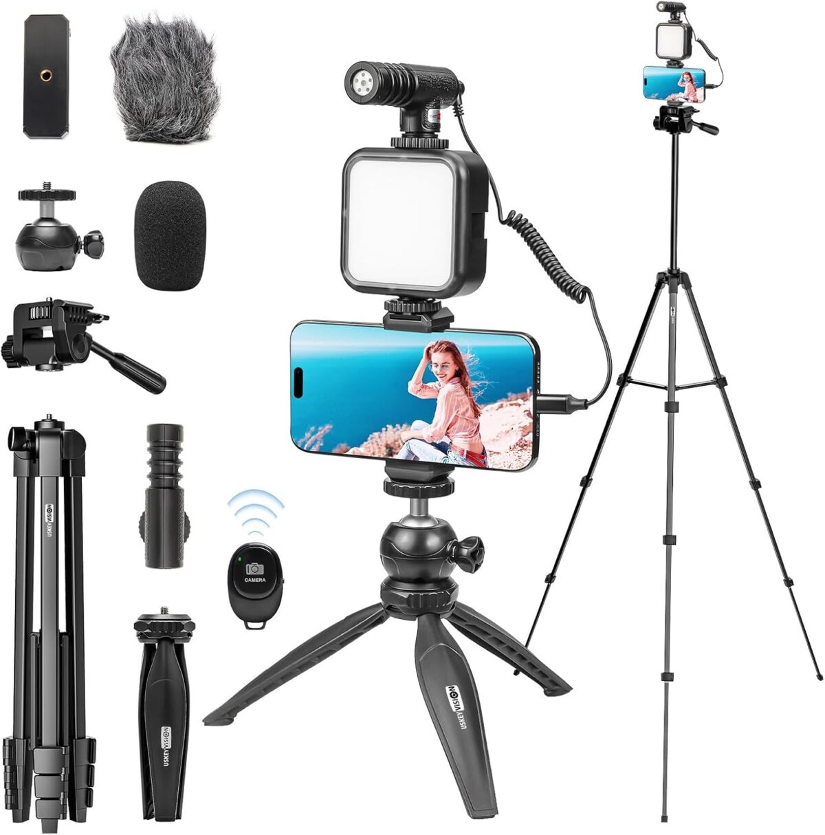 Vlogging Kit for iPhone Youtuber Starter Kit Content Creator Equipment for iPhone 16/15Pro Max with 59'' Extendable Fullsize Tripod, LED Light,Shotgun Mic Video Recording(Vlog K4) - Image 1