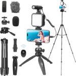 Vlogging Kit for iPhone Youtuber Starter Kit Content Creator Equipment for iPhone 16/15Pro Max with 59'' Extendable Fullsize Tripod, LED Light,Shotgun Mic Video Recording(Vlog K4)