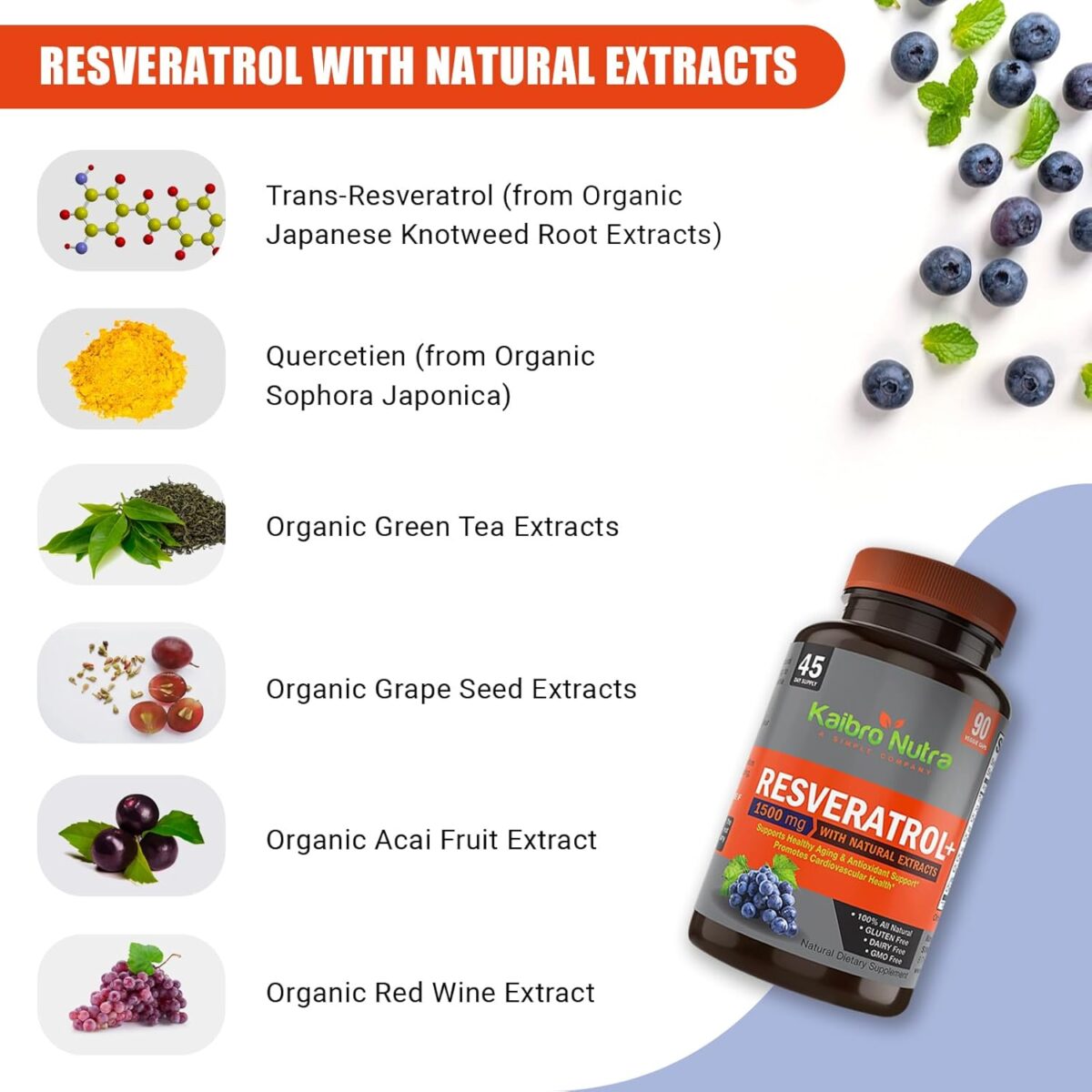 Kaibro Nutra Resveratrol 1500mg per Serving of Organic Trans-Resveratrol & Potent Antioxidants, Pure Extra Strength Complex, Anti-Aging, Radiant Skin and Immunity Support- 45 Day Supply - Image 5