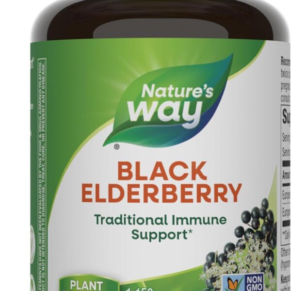 Nature's Way Black Elderberry Supplement, Traditional Immune Support*, With Elderberry and Elderflower, Plant Powered, 100 Capsules (Packaging May Vary)