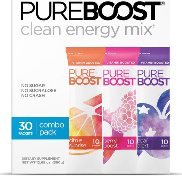 Pureboost Clean Energy Booster, Refreshing Energy Drink Mix with B12 Vitamins, Electrolytes, Antioxidants, Sugar-Free with No Sucralose (Combo Pack, 30 Count)