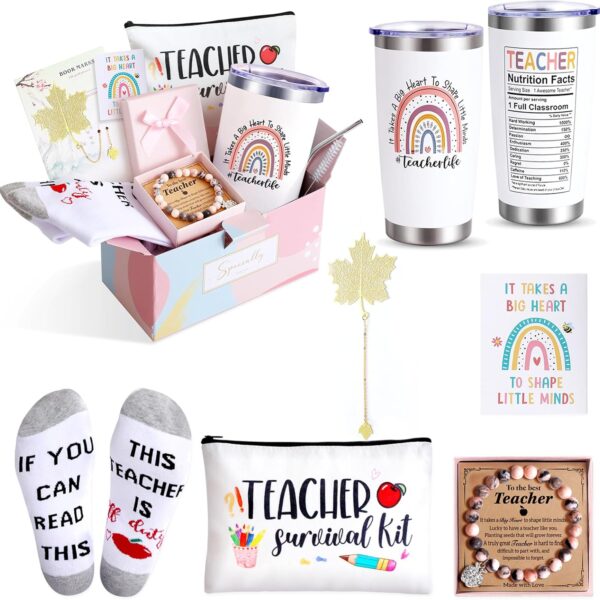 Teacher Appreciation Gifts: 20 OZ Tumbler, Pouch Bag, Socks & Thank You Basket Box for Birthday/Christmas & Back to School