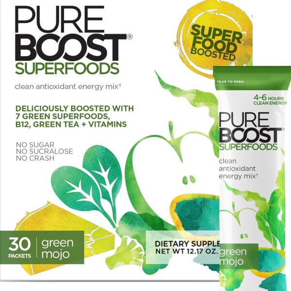 Pureboost Superfoods Clean Energy Booster, Energy Drink Mix Powder with 7 Organic Green Superfoods; Spirulina, Kale, Broccoli and Vitamins, Green Apple, Pineapple, Mango (Green Mojo, 30 Count)