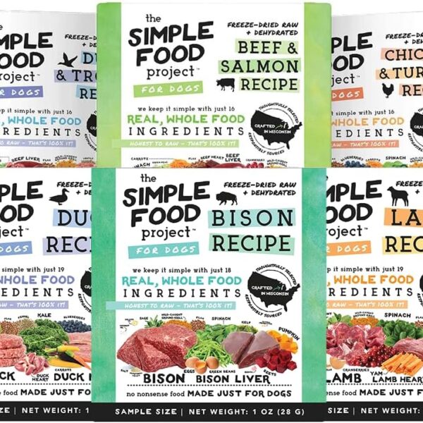 Simple Food Project The Freeze Dried Raw Dog Food Topper Featuring Organic Human Grade Ingredients [6 Pack Variety - 1oz Samples Bison, Duck, Lamb, Beef/Salmon, Duck/Trout, and Chicken/Turkey] …