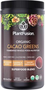 Raw Organic Cacao Powder & Super Greens - Fermented Superfood Blend with Digestive Enzymes, Prebiotic Fiber & Antioxidants - Organic, Non-GMO, Gluten Free, Vegan - Chocolate, 30 Servings, 8.47oz