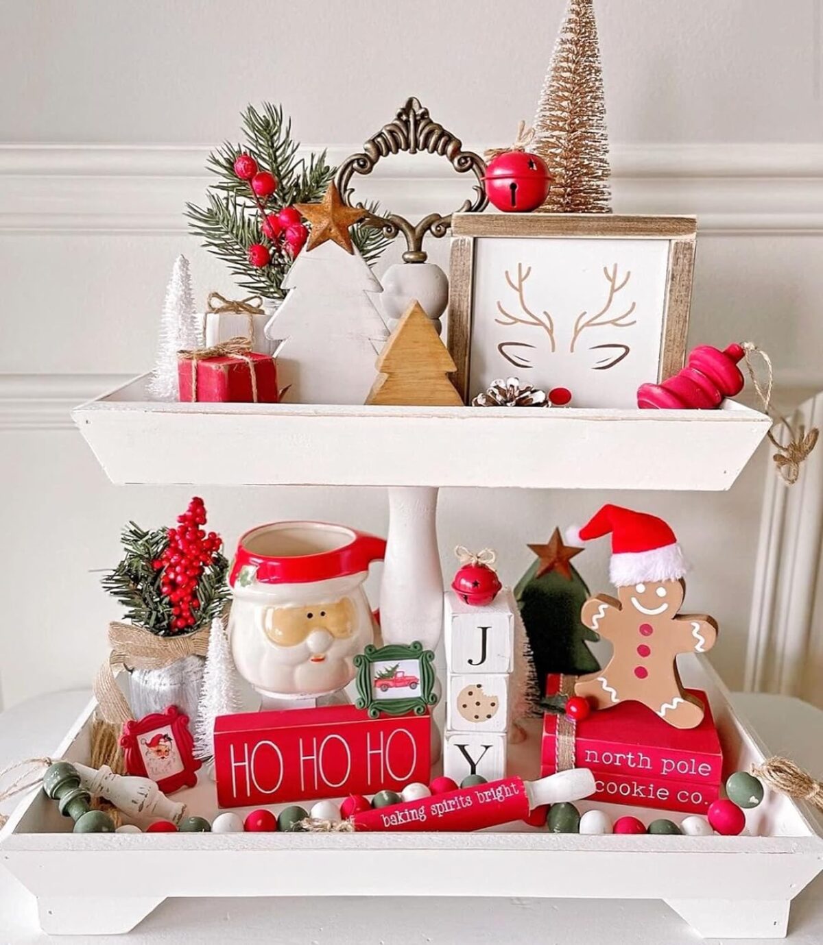 Rustic Wood Two Tiered Tray by Felt Creative Home Goods, Rectangle 2 Tier Serving Tray for Coffee Bar, Kitchen Counter, Dining Room Table, Cupcake Stand, Holiday and Farmhouse Decor (Rustic White) - Image 5