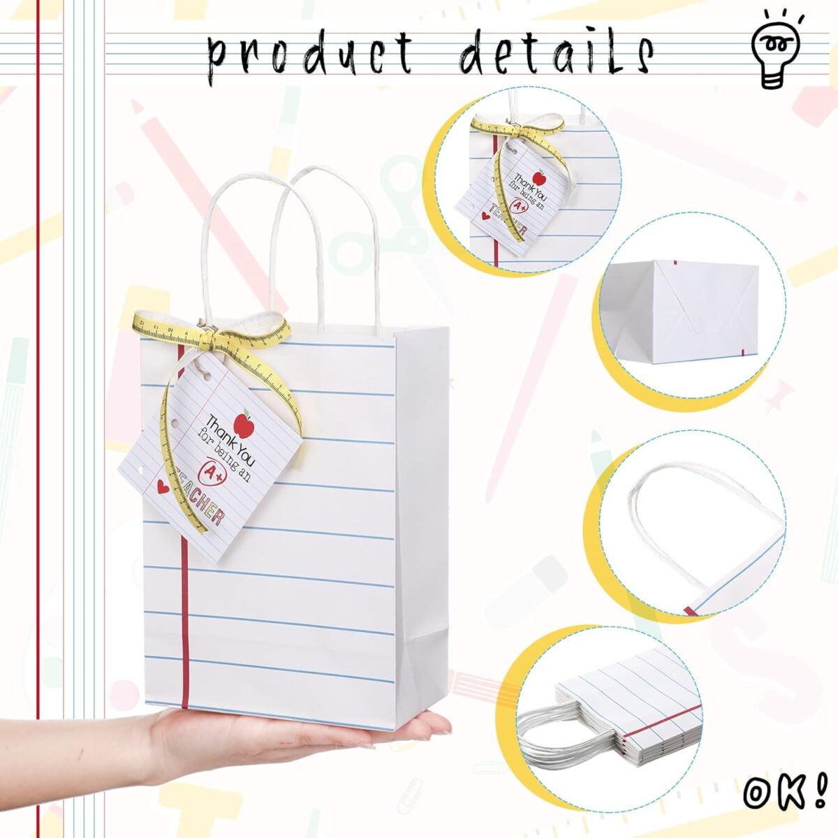 Gilprop 12 Pcs Teacher Appreciation Gift Bags with Paper Tag Thank You Teacher Gift Bags with Handle End of Year Teacher Gifts with Tape Measure Ribbon for Graduation Back to School Party Favors - Image 3