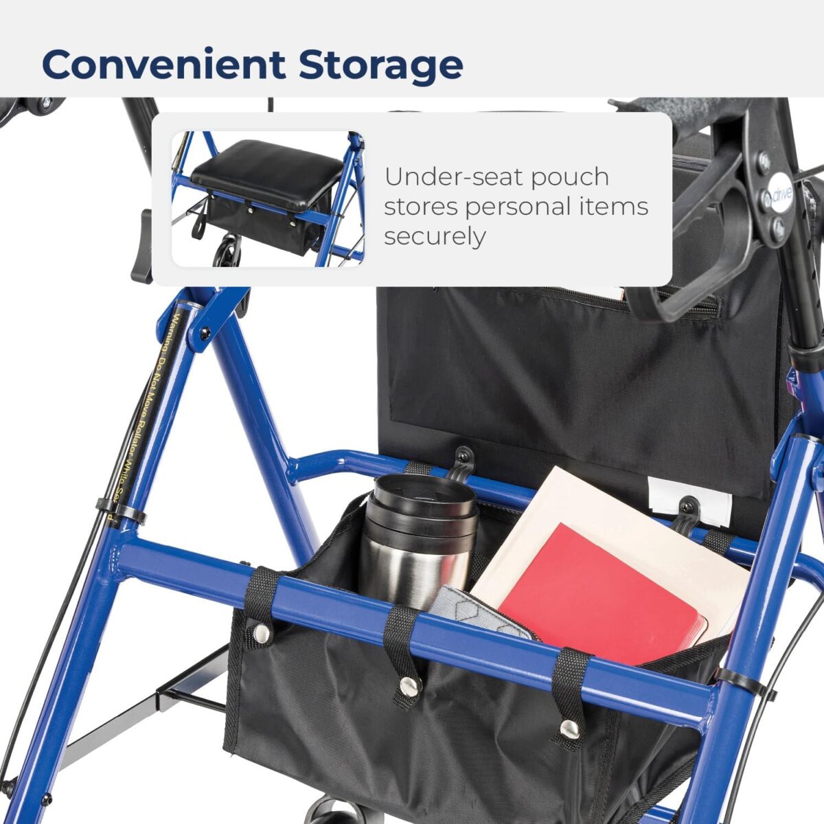 Drive Medical Aluminum Rollator Walker Fold Up and Removable Back Support, Padded Seat, 6" Wheels, Blue,R726BL - Image 6