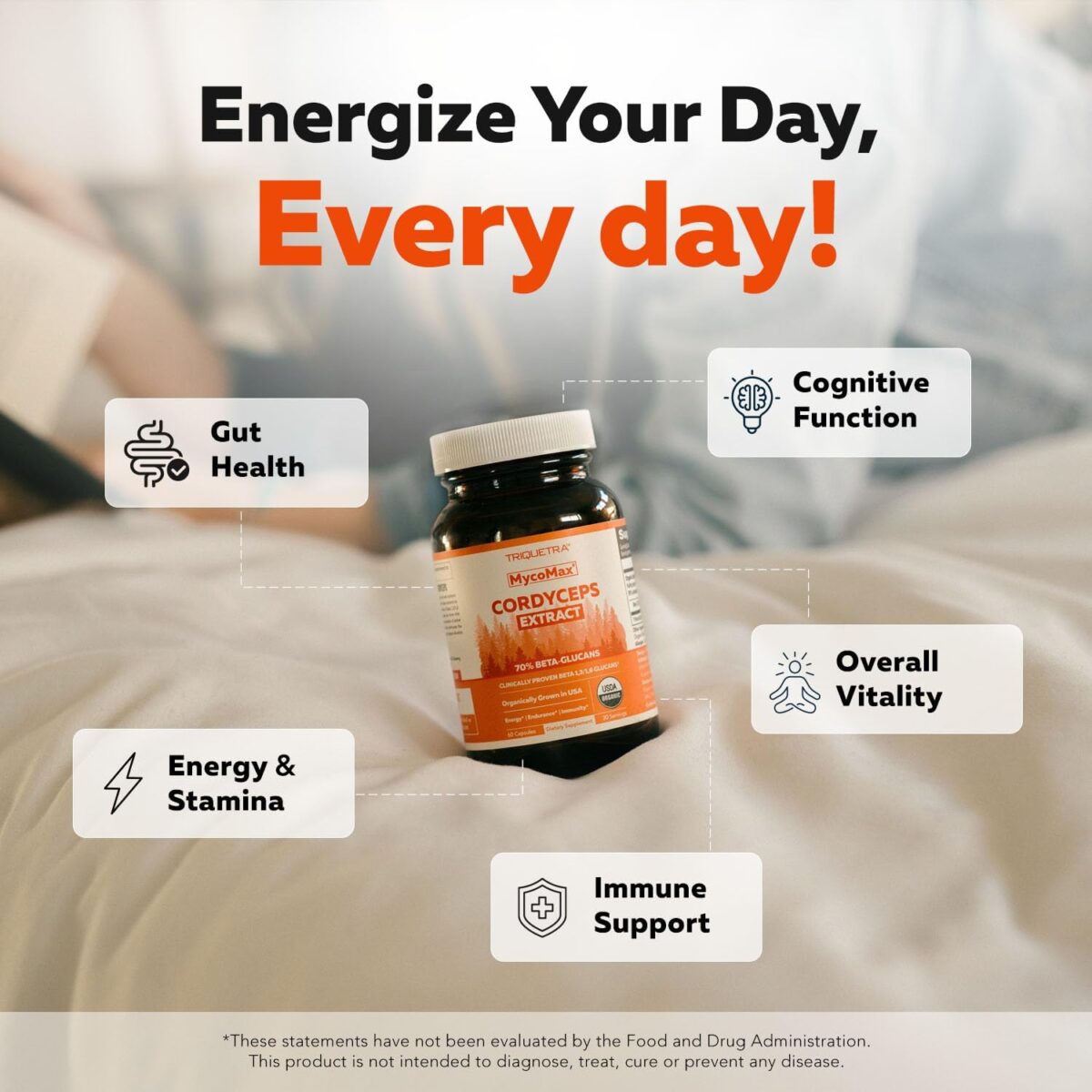 Organic Cordyceps Mushroom Extract - 70% Beta Glucans - Highest Active Nutrient Levels, Max Potency Cordyceps Capsules, US Grown + Ultrasonic Extraction - Performance, Immunity & Energy - 60 Capsules - Image 2
