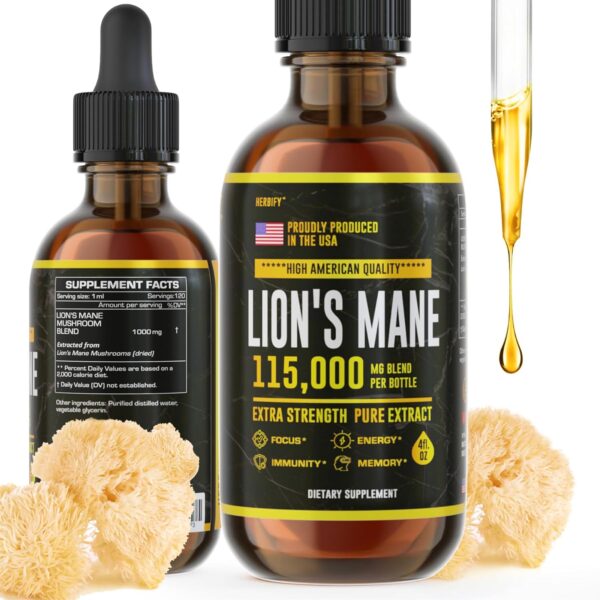 HERBIFY Lions Mane Supplement - Daily Mushroom Supplement for Memory, Focus & Clarity - Brain Booster - Lions Mane Tincture for Immune Support - 4 Fl oz