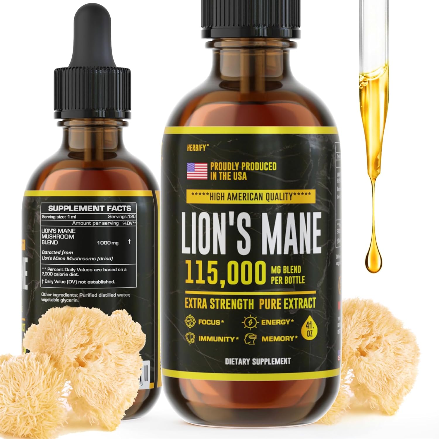 71FWEKaMxrL._AC_SL1500_.jpg HERBIFY Lions Mane Supplement - Daily Mushroom Supplement for Memory, Focus & Clarity - Brain Booster - Lions Mane Tincture for Immune Support - 4 Fl oz - Image 1