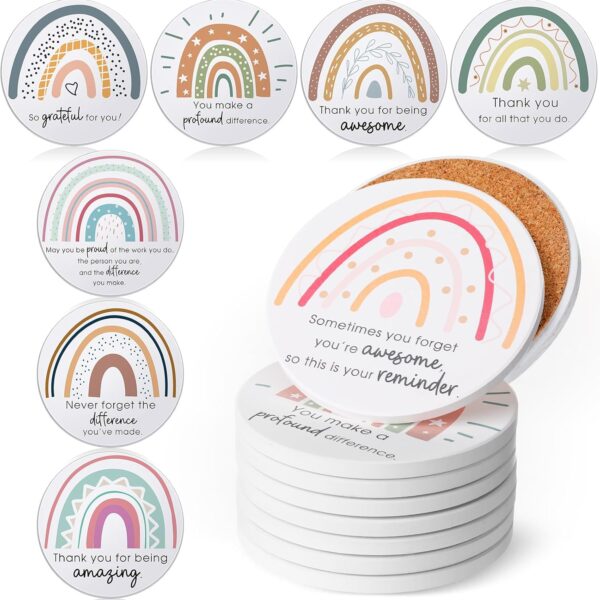 Set of 24 Thank You Appreciation Coasters Set, Ceramic Absorbent Drinks Coasters with Cork, Water Absorbent Cute Cup Mat Gifts for Teacher Employee(Fresh Style,Set of 24)