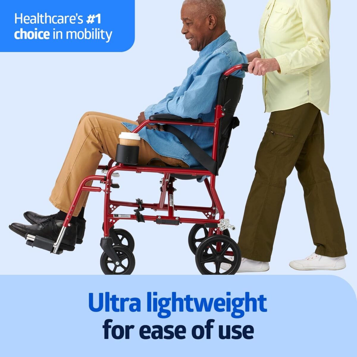 Medline Ultra Lightweight Transport Wheelchair for Adults, Foldable, 19-Inch Seat Width, Red Frame, Black Upholstery - Image 2
