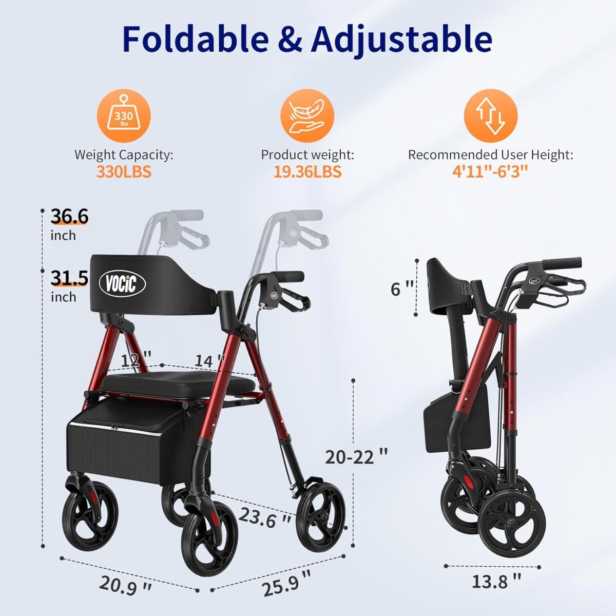 Walkers for Seniors, Z21 Rollator Walker with Seat Supports 330lb, 8" Big Wheels for All Terrain, Ergonomic Arc Seat & 6" Ultra Backrest Foldable Walker, Dual Height Adjustment, Lightweight 2025 - Image 6