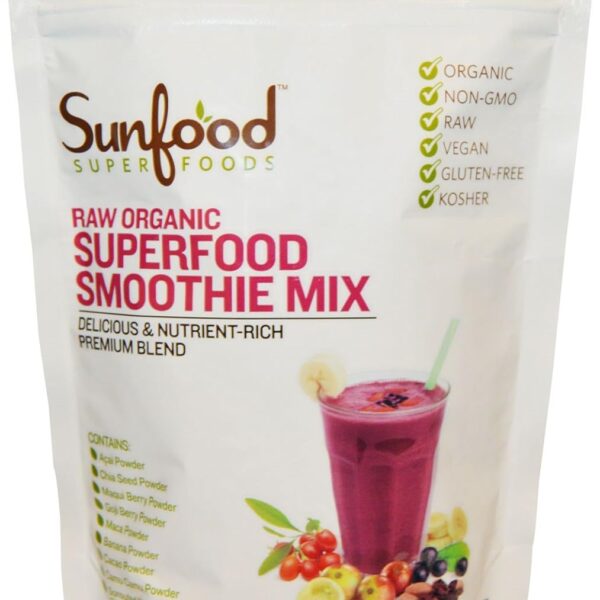 Sunfood Superfood Organic Smoothie Mix - Natural Plant-Based Protein, 13 Powerful Superfoods & Adaptogen Blend- No Fillers Additives or Preservatives. Coconut Palm Sugar for Light Sweetness. 8 oz Bag