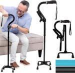 Vive Quad Canes - 4 Prong Folding Cane with Extra Handle for Men, Women & Seniors - Walking Sticks, Adjustable & Lightweight - Upright Offset Aid for Balance Support for Elderly, Handicap & Disabled