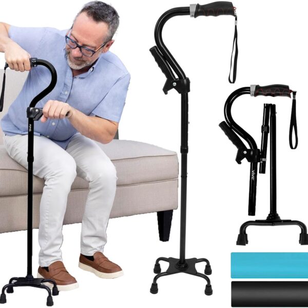 Vive Quad Canes - 4 Prong Folding Cane with Extra Handle for Men, Women & Seniors - Walking Sticks, Adjustable & Lightweight - Upright Offset Aid for Balance Support for Elderly, Handicap & Disabled