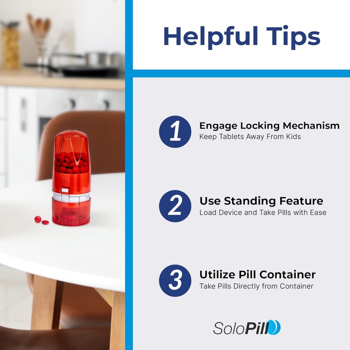 Pill Dispenser - Medication Holder for Adults & Seniors - Lock Feature - Arthritis Friendly - One Push, One Pill - Effortless & Hygienic - 75 Round Tablets - Image 5