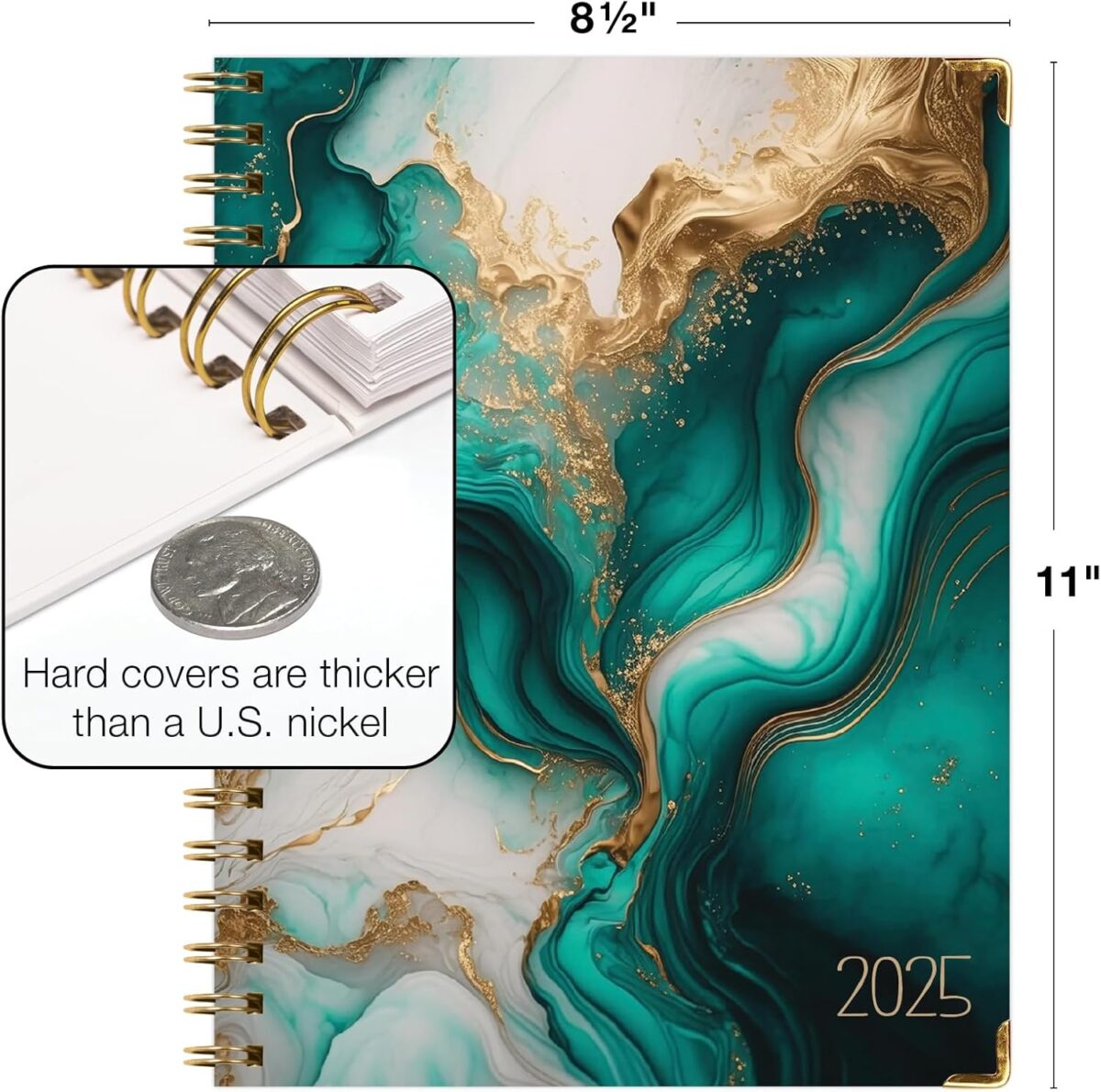 HARDCOVER 2025 Planner, 8.5"x11": 14 Months (November 2024 - December 2025), Daily Weekly Monthly Planner, Yearly Agenda, Bookmark, Pocket Folder and Sticky Note Set (Teal Gold Marble) - Image 6