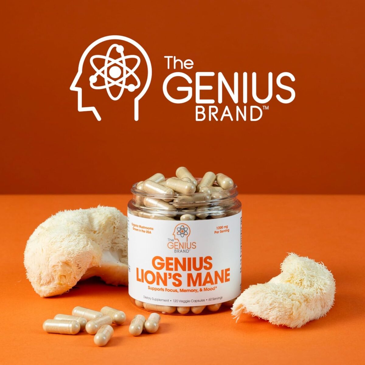 Genius Lion’s Mane Supplement Capsules – Organic Full Spectrum Mushrooms for Cognition, Focus & Memory – 1,200mg Per Serving, 120 Count (60 Servings) – Grown in The USA - Image 8