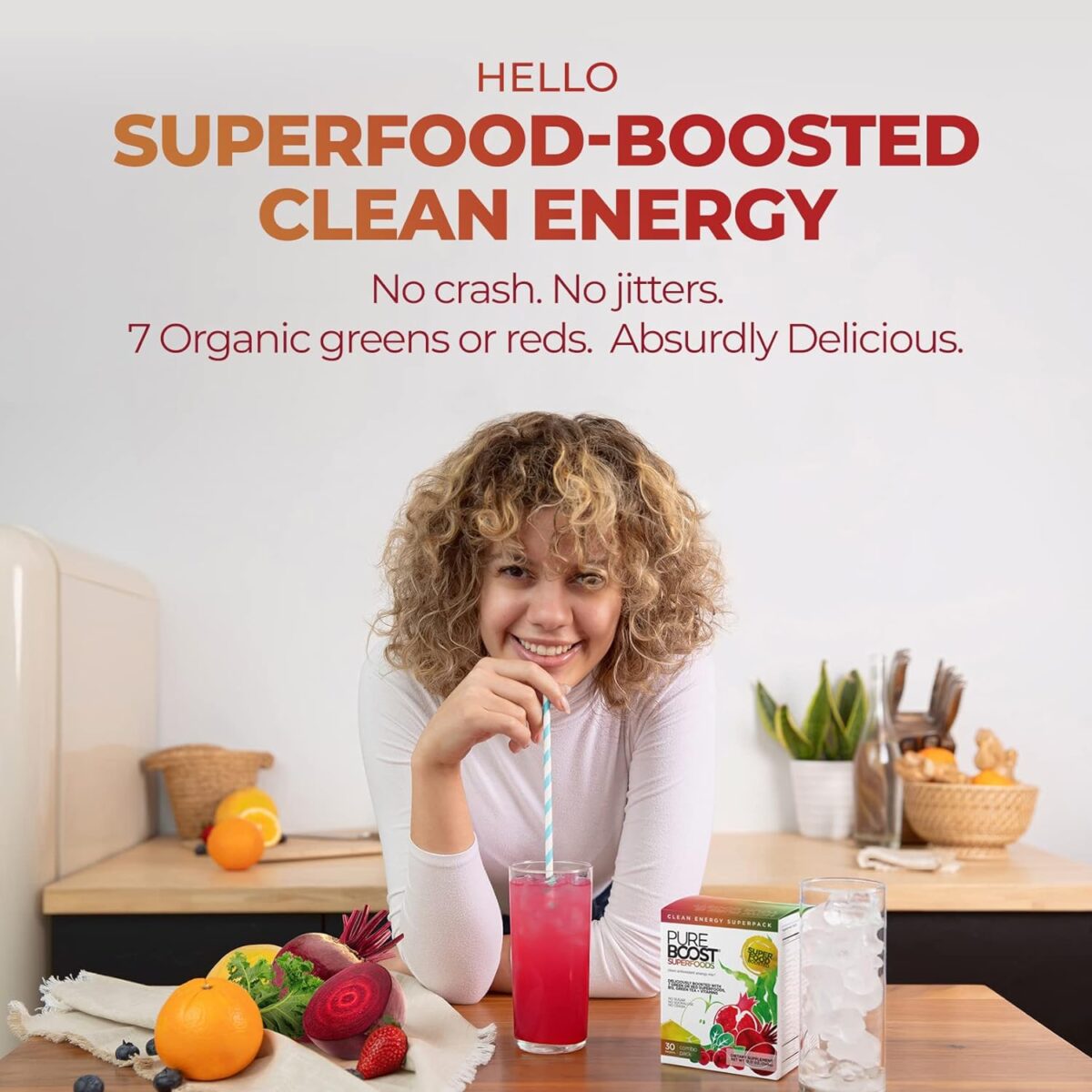 Pureboost Superfoods Clean Energy Booster, Energy Drink Mix Powder with 7 Organic Green Superfoods; Spirulina, Kale, Broccoli and Vitamins, Green Apple, Pineapple, Mango (Green Mojo, 30 Count) - Image 2