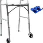 Foldable Lightweight Two Button Walker with 5” Wheels, Includes Ski Glides - Folding Design Ideal for Seniors and Elderly Adults - Adjustable for Tall Men and Women - Standing Handicap Mobility Aids