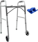 Foldable Lightweight Two Button Walker with 5” Wheels, Includes Ski Glides - Folding Design Ideal for Seniors and Elderly Adults - Adjustable for Tall Men and Women - Standing Handicap Mobility Aids