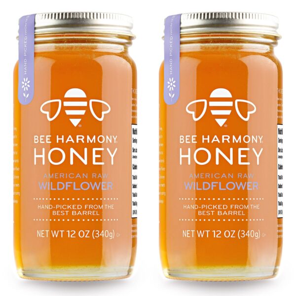 Bee Harmony American Raw Wildflower Honey, 12 OZ (Pack of 2 Jars)
