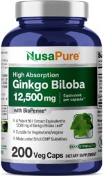 NusaPure Ginkgo Biloba Extract 12,500mg per Veggie Caps 200 Capsules (Vegetarian, Non-GMO, Vegan, Extract 50:1) Bioperine
