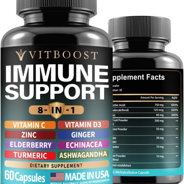 Elderberry Immune Support Supplement 8-in-1 Formula with Echinacea, Vitamin C & Zinc, Vitamin D 5000 IU, Turmeric, Ginger, Ashwagandha – 60 Capsules