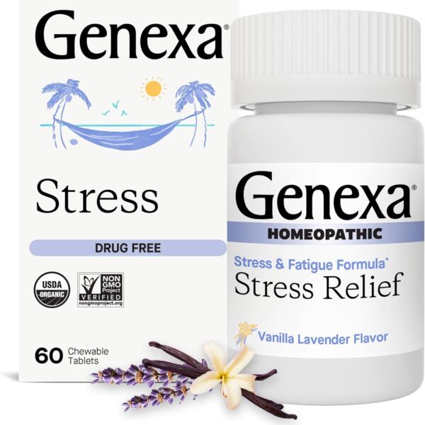 Genexa Stress for Adults | Anxiety Relief & Fatigue Remedy | Soothing Natural Vanilla & Lavender Flavor | Gluten Free & Non-GMO | Homeopathic Remedy Made Clean | 60 Chewable Tablets
