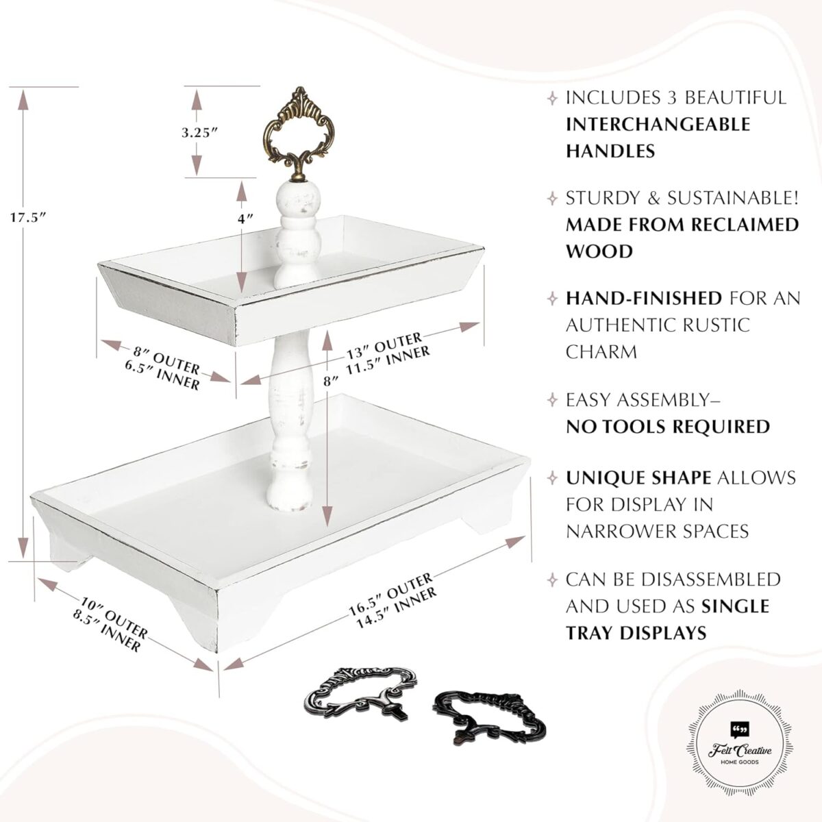 Rustic Wood Two Tiered Tray by Felt Creative Home Goods, Rectangle 2 Tier Serving Tray for Coffee Bar, Kitchen Counter, Dining Room Table, Cupcake Stand, Holiday and Farmhouse Decor (Rustic White) - Image 2