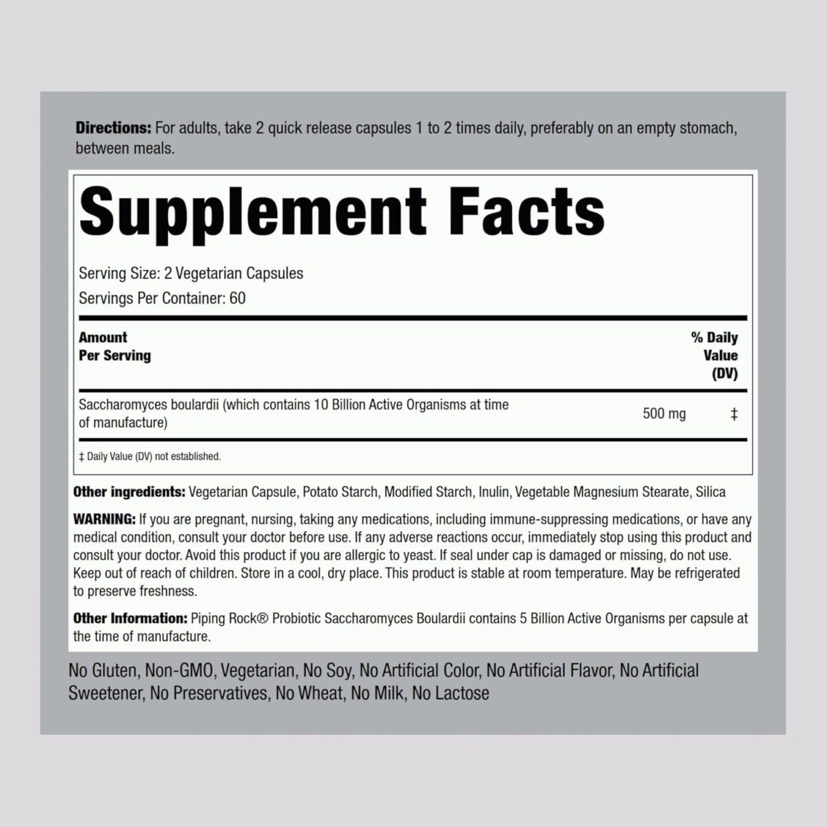 Piping Rock Saccharomyces Boulardii Probiotic | 5 Billion CFUs | 120 Capsules | 250 mg | Non-GMO, Gluten Free Supplement - Image 2